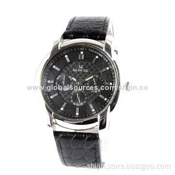 Three-eye Stainless Steel Business Watch with Genuine Leather Band, Chronograph